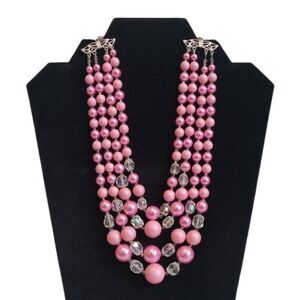 Shades of Pink and Translucent Iridescent Beads Multi Strand Statement Necklace